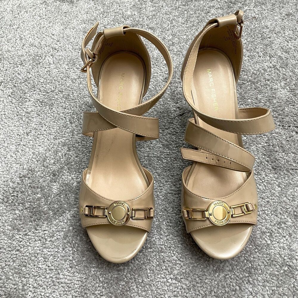 Marc Fisher MF Brantor Patent Leather Cork Wedge Strappy Sandals Womens 9M Nude